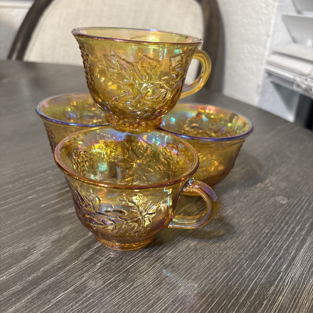INDIANA GLASS CARNIVAL PRINCESS GRAPE HARVEST Iridescent Amber Cups set of 4